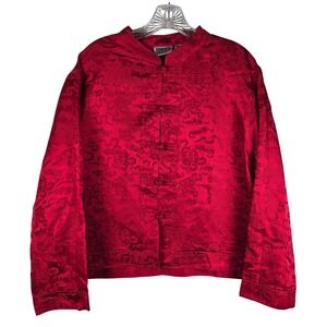 Vintage Chico's Design 100% Silk Red Mandarin Tang Jacket Frog Closures Size 3